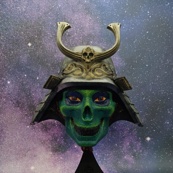 Hand-Painted Orochi Skull Wall Sculpture - Green & Blue Hues
