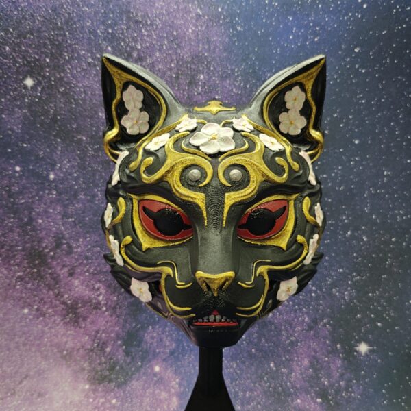 Hand-Painted Ornate Kitsune Wall Sculpture with Floral Details
